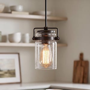 Modern Seeded Glass Pendant Light – Industrial 1-Light Hanging Fixture with Black Finish, Adjustable Mini Chandelier for Kitchen Island