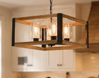 Farmhouse Square Chandelier - 4-Light Rustic Wood Finish Pendant Light - Modern Industrial Hanging Fixture  Kitchen Island, Dining Room