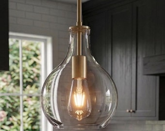 Lámpara colgante moderna dorada, estructura de latón de 8 pulgadas, pantalla de vidrio transparente, iluminación industrial de mediados de siglo.