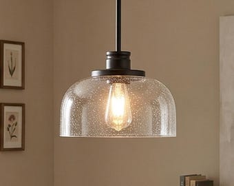 Modern Black Pendant Light, Hand-Blown Seeded Glass Shade, Contemporary Ceiling Light
