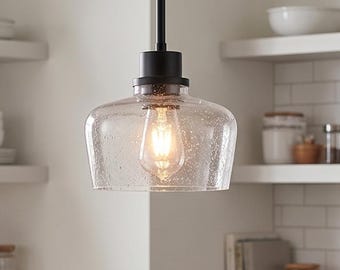 8" Modern Farmhouse Pendant Light, Black Finish with Seeded Glass, Industrial Hanging Fixture for Kitchen Island & Dining Areas