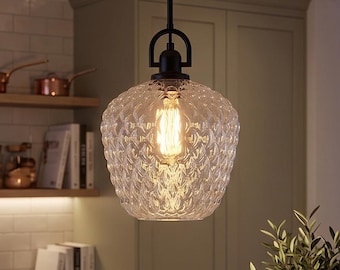 Pantalla de vidrio martillado de 10", lámpara colgante moderna de 1 luz para isla de cocina, cable de altura ajustable, fácil instalación para cocina o comedor.