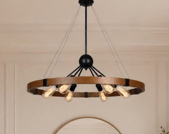 31.5" Wagon Wheel Chandelier - Farmhouse Rustic Light Fixture, 12-Light Modern Sputnik Design for Dining Room, Kitchen Island, Entryway