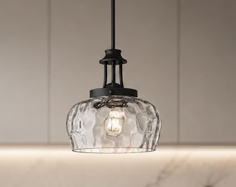 Modern lantlig köksö pendellampa | Mattsvart hängande lampa med ribbad glasskärm, justerbar höjd mini ljuskrona