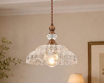 Glass Pendant Light – Brass Gold Mini Hanging Ceiling Fixture – Clear Ribbed Glass Lighting for Kitchen Island, Dining Room, Hallway Bedroom
