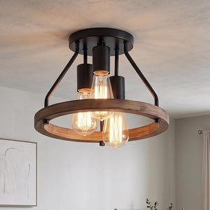 Industrial Flush Mount Ceiling Light Fixture, Rustic Farmhouse Wood Circle Shade Close to Ceiling Lighting for Hallway, Entryway, Kitchen