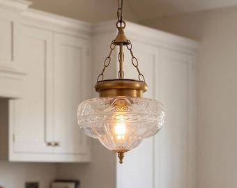 Brown Bronze Floral Glass Pendant Light – Vintage Hand-Blown Glass Hanging Fixture for Kitchen Island, Dining Room & Entryway Antique Brass