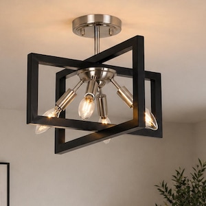 4-Light Semi Flush Mount Ceiling Light, Modern Industrial Black and Brushed Nickel Chandelier, Farmhouse Close to Ceiling Light Fixture