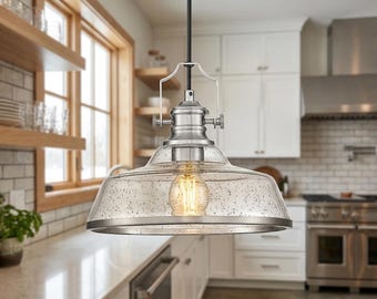 Brushed Nickel Pendant Light, Seeded Glass Kitchen Island Fixture
