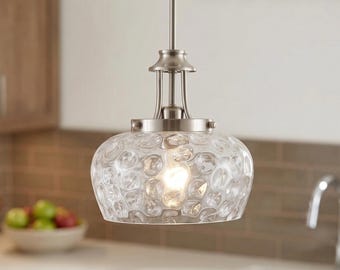 Brushed Nickel Pendant Light, 10" Hammered Glass Hanging Fixture, Modern Industrial Lamp
