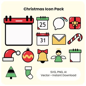Pode incluir: Um conjunto de ícones com tema natalino em formato vetorial. Os ícones incluem um calendário, uma caixa de presente, um gorro de Papai Noel, uma bola de Natal, um sino, um anjo, uma árvore de Natal, uma meia e uma bengala doce. O texto "Christmas Icon Pack" está no topo.