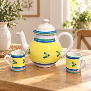 Caleca Italian Pottery Teapot with Lid and 2 Cups, Hand Painted Yellow and Green Leaf Ceramic Tea Set