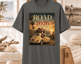 Road to 2026 Vintage Soccer Road Trip T-shirt | Retro Travel Sunset