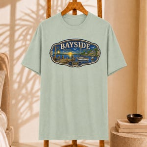 Bayside Sailing Tee, Faux Embroidery Coastal Shirt