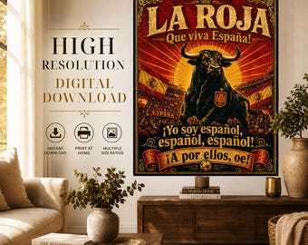 La Roja Vintage Bull Poster, spanischer Fußballfan Art (Digitaler Download)