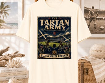 Blue & White Forever Tartan Army Scotland Football T-shirt | Retro Stadium Poster