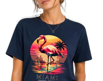 Miami Flamingo T-Shirt, Retro Geometrischer Sonnenuntergang Grafik T-Shirt, Küsten Sommer Ferien Shirt