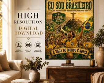 Vintage Brasilien Fußball Poster, Brasilien Fußball Poster, Rio Sonnenuntergang Druck (Digitaler Download)
