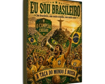 Vintage Brasilien Fußball Leinwanddruck, Fan-Kunst, Gelb Grün Dekor