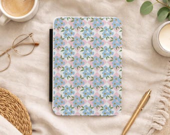 Blue Floral Kindle Case | Pastel Blooms Botanical Print, PU Leather (Fits 7" Paperwhite)