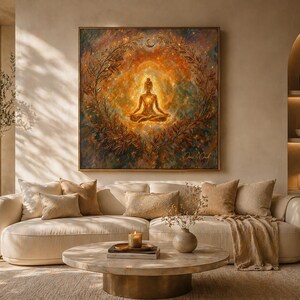 May include: A large square painting of a meditating figure in gold tones, surrounded by a halo of light and foliage. The artwork hangs above a cream-colored sofa with matching pillows. A round coffee table and a potted olive tree complete the serene living room setting.