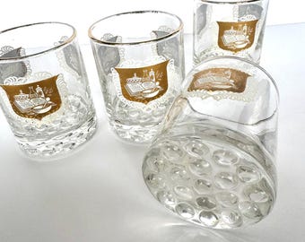 Vintage Apothecary Cocktail Glasses Set of 4, Gold Crest Lowball Glasses, Retro Barware