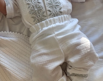 Baby Boy Baptism Outfit Set, White Muslin Christening Outfit, Silver Embroidered Baptism Shirt and Pants