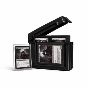 May include: A black plastic storage box for trading cards with an open lid, containing multiple card decks. A single Sanguine Sovereign card is displayed in a clear protective plastic case standing upright in front of the storage container.