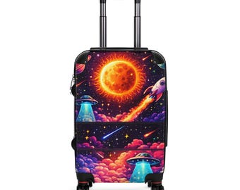Retro Space Scene Suitcase | Rocket, UFOs, Vibrant Sun