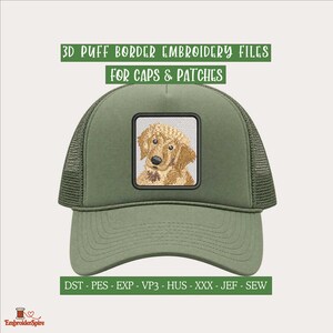 Broderidesign med golden retriever, 3D-puffkantad hundlapp för hattar och 4x4-båge