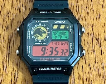 Casio AE-1200 customized digital wristwatch. Jurassic modification with multiple color filter.