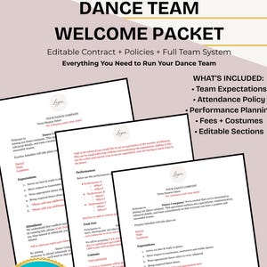 Op de afbeelding: Een welkomstpakket voor een dansteam, met bewerkbare contracten, beleidsregels en een volledig teamsysteem. Het bevat teamverwachtingen, aanwezigheidsbeleid, prestatieplanning, kosten, kostuums en bewerkbare secties. Het Canva-logo is zichtbaar.