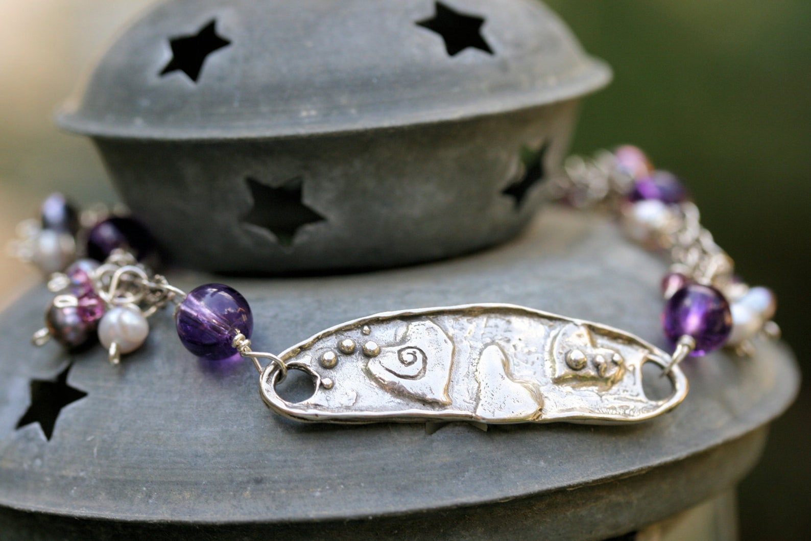 Amethyst, Freshwater Pearls and Crystals Dangle Braceleteffervescent