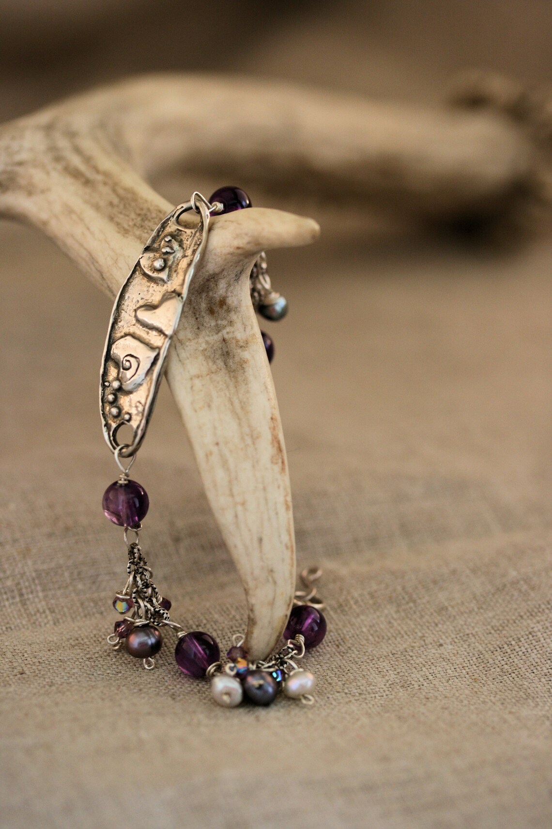 Amethyst, Freshwater Pearls and Crystals Dangle Braceleteffervescent