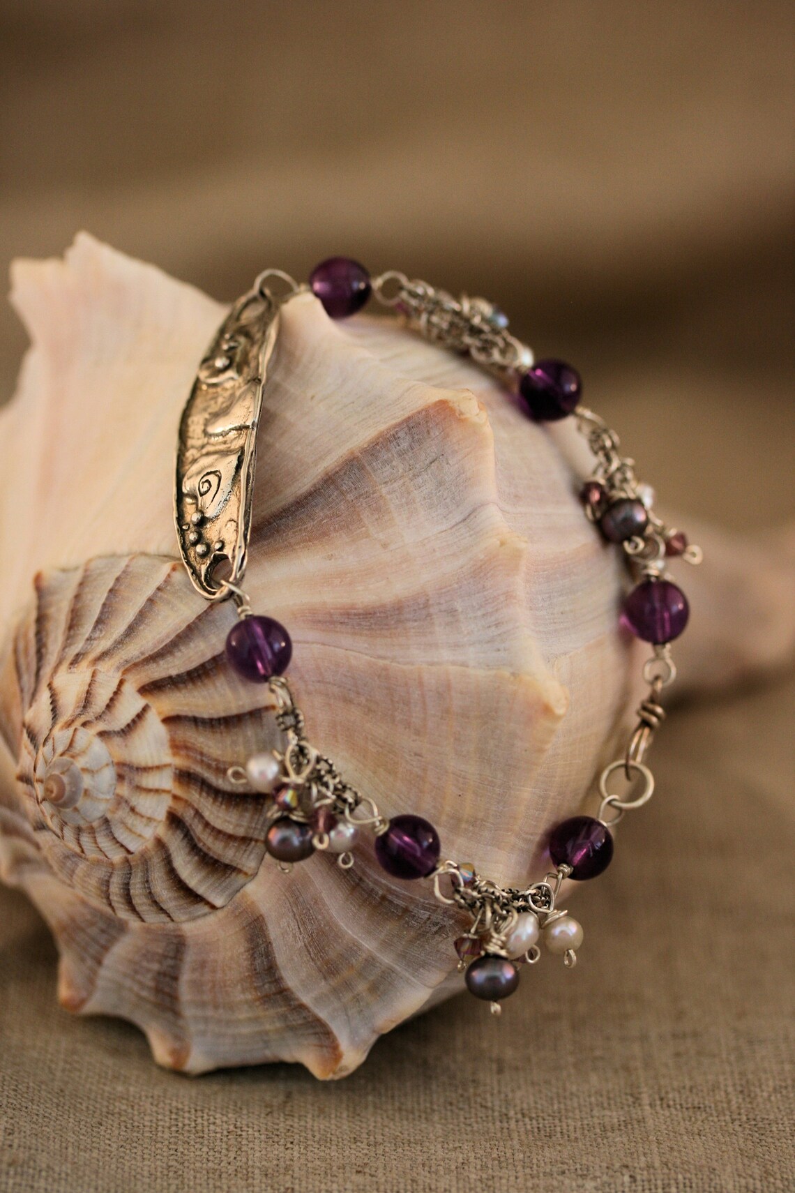 Amethyst, Freshwater Pearls and Crystals Dangle Braceleteffervescent