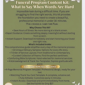 May include: A digital download advert in green and white for a funeral program content kit. The text reads "Funeral Program Content Kit: What to Say When Words Are Hard." Includes templates, samples, and guidance. Priced at £21.50.