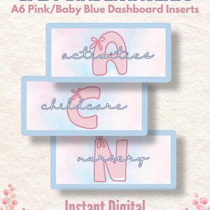 Può includere: Inserti per raccoglitori per bambini formato A6 con scritte rosa su sfondo blu e rosa. Sono visibili le parole "attività", "assistenza all'infanzia" e "asilo nido". Sono visibili anche i testi "Baby Binder Inserts" e "Instant Digital Download".
