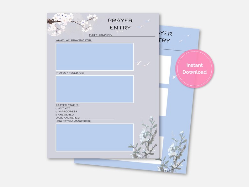 Op de afbeelding: Twee gebedsbladen met bloemaccenten. Het bovenste blad is grijs met een blauw gedeelte om gebeden te schrijven, en de tekst "Prayer Entry" staat bovenaan. Het tweede blad is lichtblauw. Een roze cirkel met "Direct downloaden" staat rechts.