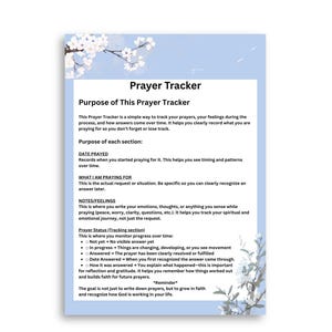 Op de afbeelding: Een lichtblauwe gebedstracker met bloemmotieven. De tekst "Prayer Tracker" staat bovenaan, gevolgd door instructies over het gebruik van de tracker om gebeden, gevoelens en voortgang vast te leggen.