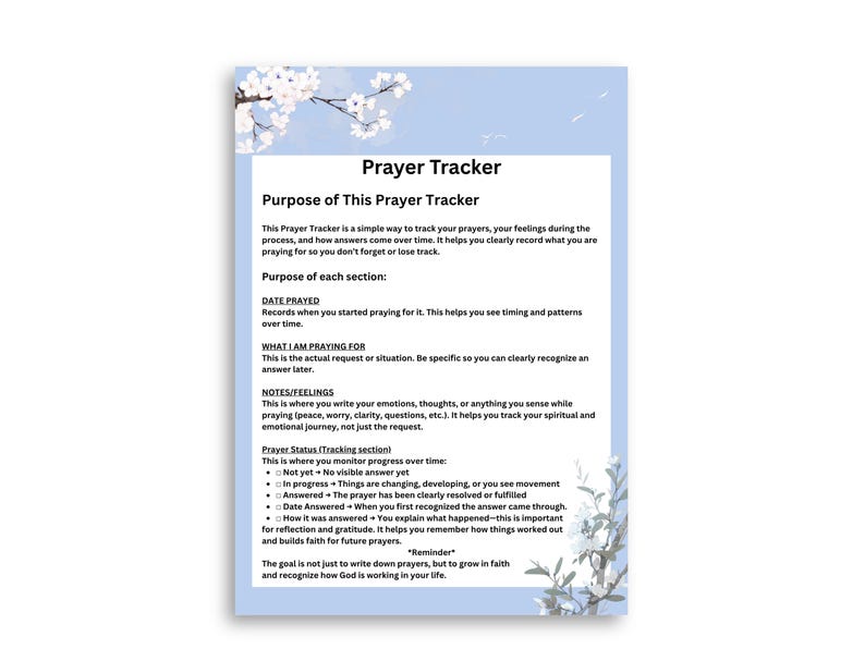 Op de afbeelding: Een lichtblauwe gebedstracker met bloemmotieven. De tekst "Prayer Tracker" staat bovenaan, gevolgd door instructies over het gebruik van de tracker om gebeden, gevoelens en voortgang vast te leggen.
