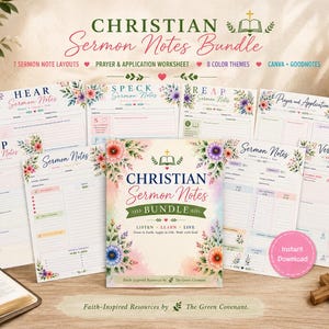 Christian Sermon Notes Bundle | 7 Layouts, Prayer Worksheet (Digital Download)
