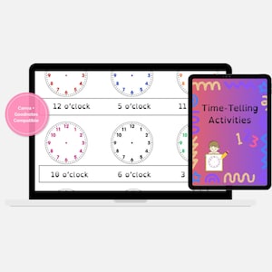 May include: A laptop and tablet display educational materials. The laptop screen shows clock faces with times like 12 o'clock and 10 o'clock. The tablet displays "Time-Telling Activities" with a child and clock graphic.