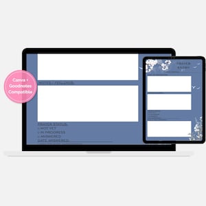 Op de afbeelding: Een laptop en tablet met een digitale gebedsjournaalsjabloon. Het laptopscherm toont een blauwe achtergrond met witte vakken voor notities en gevoelens. De tablet toont een vergelijkbaar ontwerp met de tekst "Prayer Entry". Een roze cirkel leest "Canva + Goodnotes Compatible".