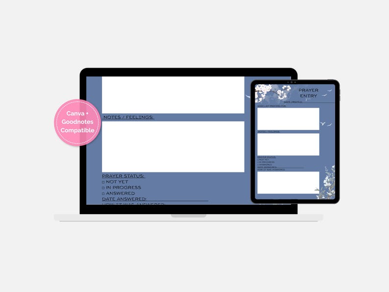 Op de afbeelding: Een laptop en tablet met een digitale gebedsjournaalsjabloon. Het laptopscherm toont een blauwe achtergrond met witte vakken voor notities en gevoelens. De tablet toont een vergelijkbaar ontwerp met de tekst "Prayer Entry". Een roze cirkel leest "Canva + Goodnotes Compatible".
