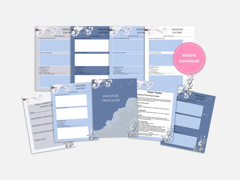 Op de afbeelding: Een verzameling afdrukbare gebedsdagboekpagina's in blauw en wit, met bloemaccenten en de tekst "Prayer Entry" en "Prayer Tracker". Een roze cirkel met "Instant Download" is ook zichtbaar.