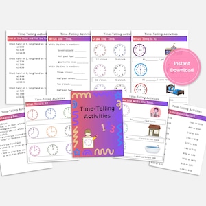 May include: A collection of printable worksheets for teaching time-telling. The worksheets feature clock faces, exercises to write the time, and activities to practice telling time. The cover of the booklet is purple and orange with the title "Time-Telling Activities".