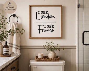 Plakat do łazienki „Widzę Londyn, Francja”, minimalistyczny czarno-biały wystrój (pobranie cyfrowe)