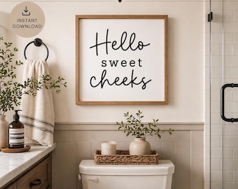 Hello Sweet Cheeks – grafika łazienkowa, minimalistyczny czarno-biały nadruk (do pobrania cyfrowego)