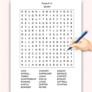 K&ouml;nnte beinhalten: Ein Wortsuchr&auml;tsel mit dem Titel Puzzle # 14 SPORT mit einem Gitter aus schwarzen Buchstaben auf wei&szlig;em Hintergrund. Ein blauer Stift ist &uuml;ber dem Gitter positioniert. Unter dem Gitter befindet sich eine Liste mit zu suchenden W&ouml;rtern: JOCK, NETBALL, TUBING, QUARTERBACK, RUNNING, HUSTLE, BOARDER, CONVERT, SURFBOARD, LAUGH, DISCUS, LOOSE, SKIPPER, RETIRE, ANGLER, DEFENCE, CONTEST, BOWLER, SOFTBALL und STUFFING.