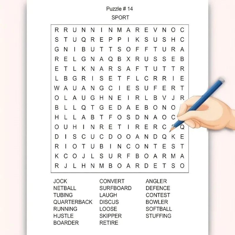 K&ouml;nnte beinhalten: Ein Wortsuchr&auml;tsel mit dem Titel Puzzle # 14 SPORT mit einem Gitter aus schwarzen Buchstaben auf wei&szlig;em Hintergrund. Ein blauer Stift ist &uuml;ber dem Gitter positioniert. Unter dem Gitter befindet sich eine Liste mit zu suchenden W&ouml;rtern: JOCK, NETBALL, TUBING, QUARTERBACK, RUNNING, HUSTLE, BOARDER, CONVERT, SURFBOARD, LAUGH, DISCUS, LOOSE, SKIPPER, RETIRE, ANGLER, DEFENCE, CONTEST, BOWLER, SOFTBALL und STUFFING.
